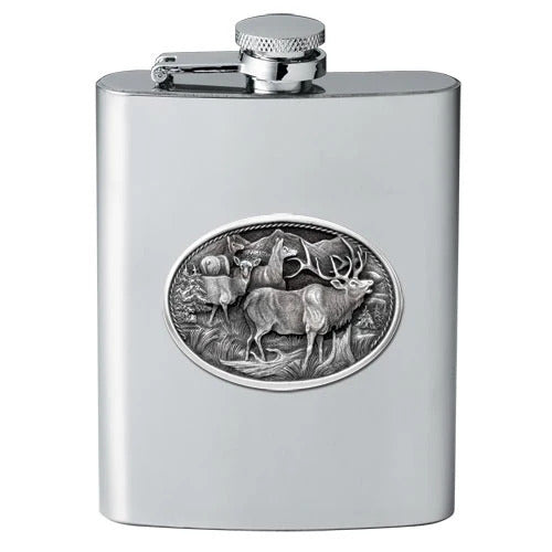 Majesty Elk 8oz Stainless Steel Flask - Fine Pewter Wildlife Casting - Made in USA
