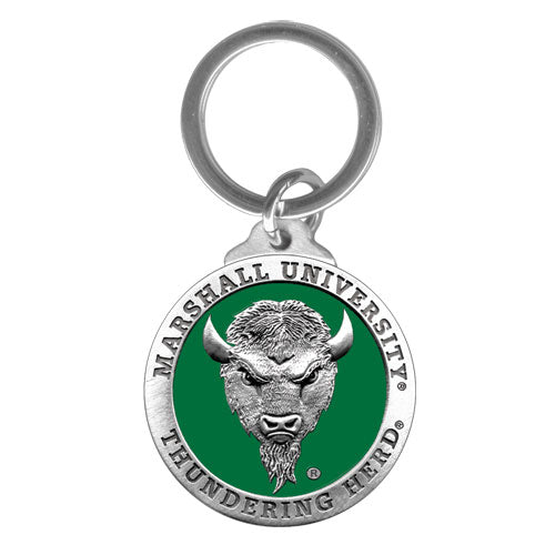 Keychain with Marshall University logo featuring a bison on a green background