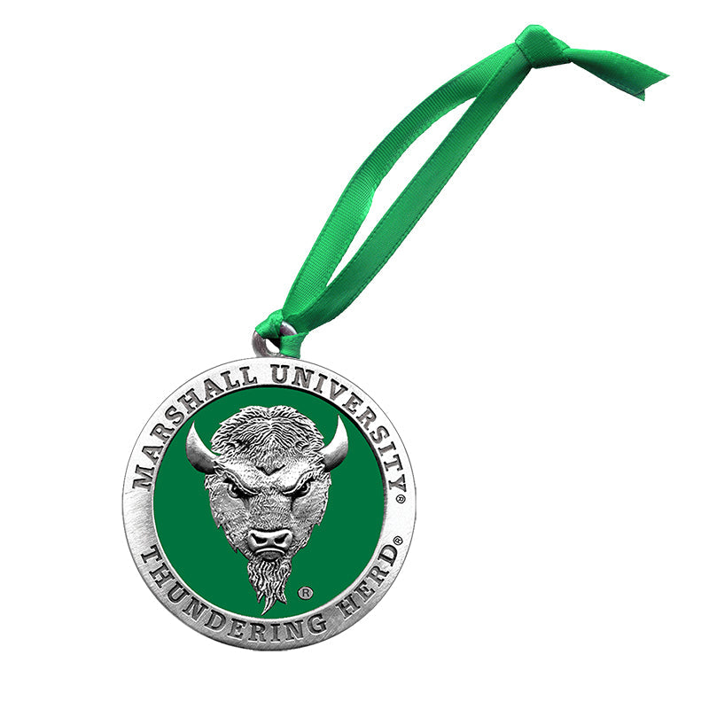 Medal with Marshall University logo and green ribbon on a white background