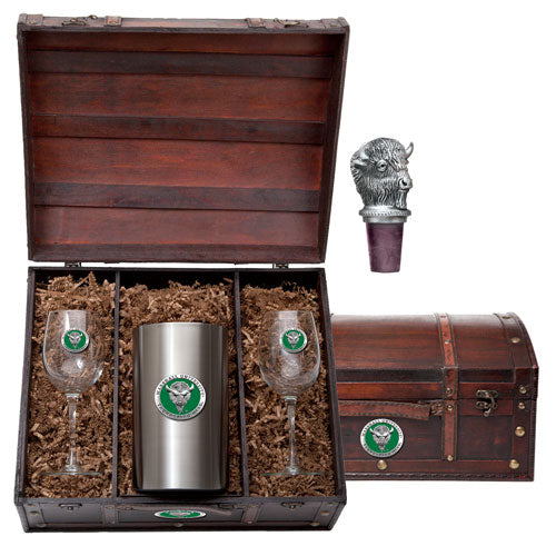 Wine set with glasses, tumbler, and bottle stopper in a wooden chest on a white background