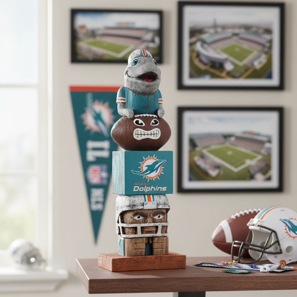 Stacked wooden totem with sports-themed figurines and logos on a table.