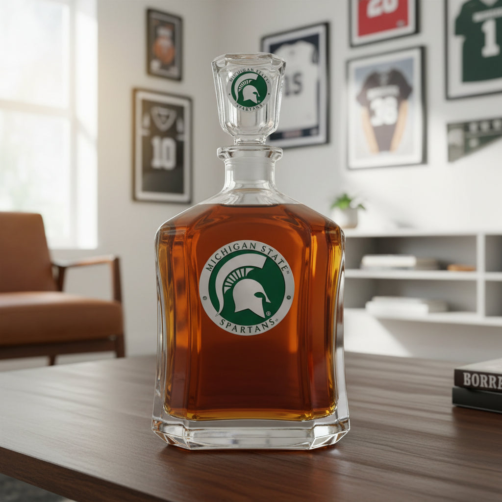 Glass decanter with Michigan State Spartans logo on a white background