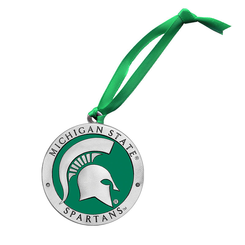 Michigan State Spartans ornament with green ribbon on a white background