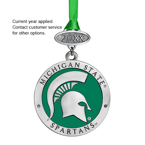 Michigan State Spartans ornament with green ribbon on a white background
