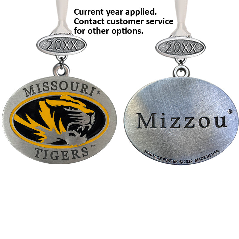 Two silver pendants with Missouri Tigers logo and 'Mizzou' text on a white background.