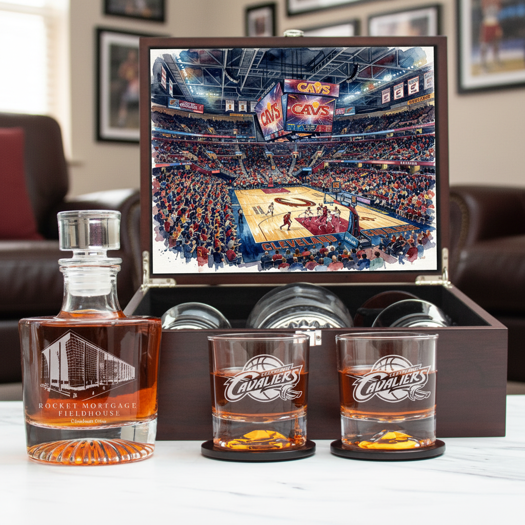 Whiskey set with glasses and decanter featuring Cleveland Cavaliers branding, displayed in front of a basketball game image.