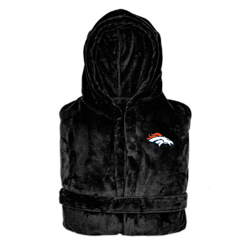 Black hooded bath robe with a NFL Denver Broncos