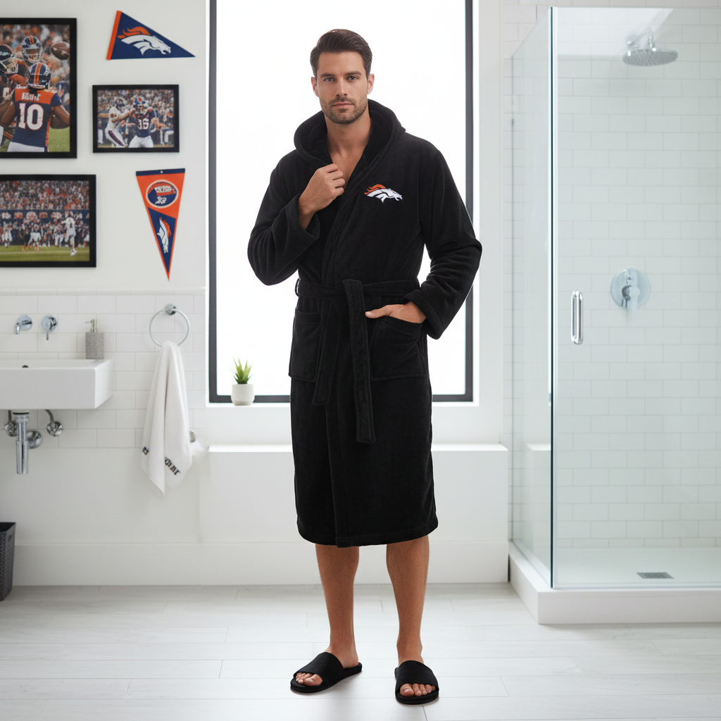 Man wearing a black robe with a NFL Denver Broncos logo in a bathroom