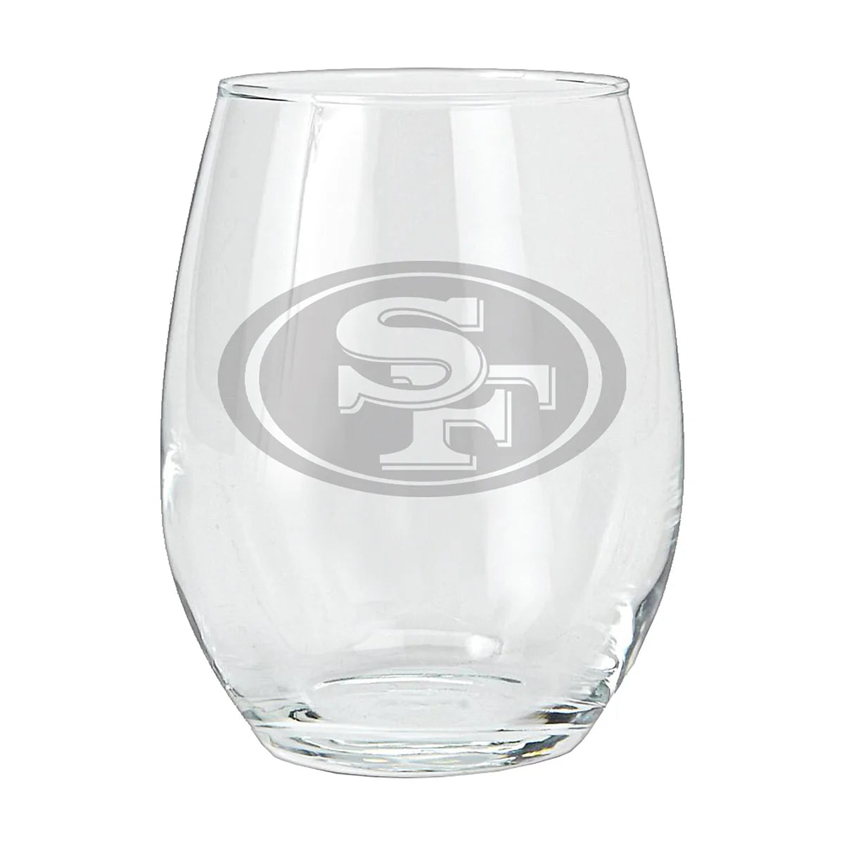 A clear glass tumbler with etched San Francisco 49ers branding, 15oz capacity.