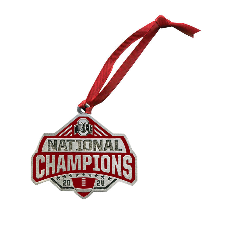 Metallic 'National Champions' ornament with red ribbon on a white background