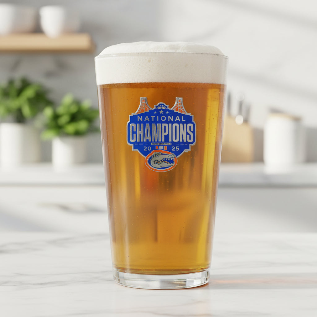 Clear glass with 'National Champions' logo on a white background