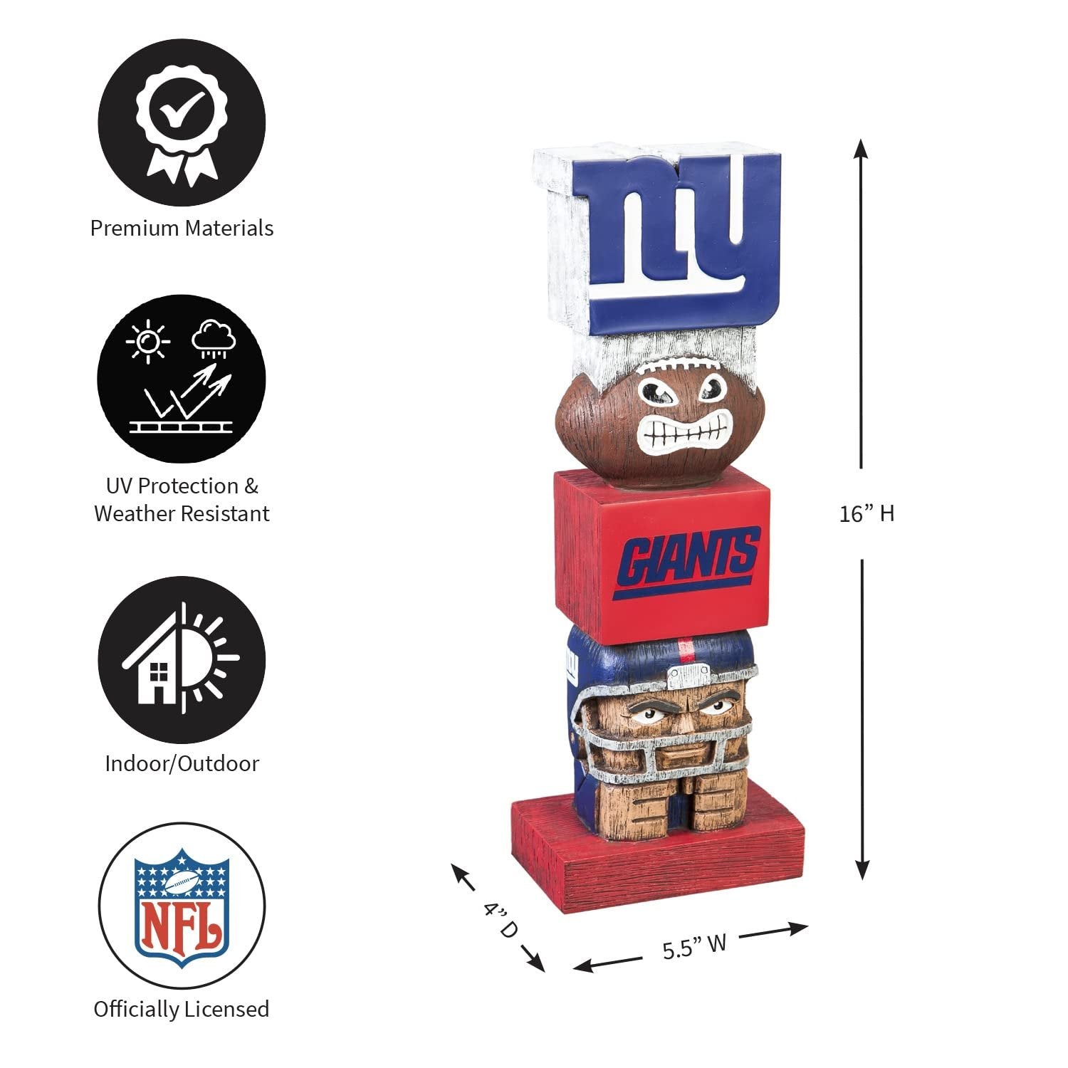 Tiki Totem with New York Giants logo and NFL branding, featuring dimensions and material properties.