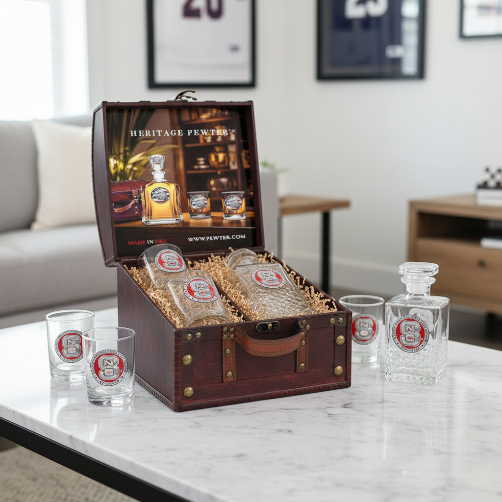 North Carolina State University Heritage Decanter Set w/ 2 Glasses & Large Chest Box