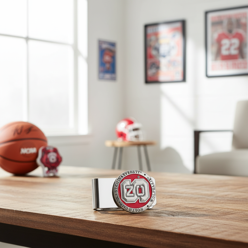Money clip with red and silver design on a wooden surface, with sports-themed decor in the background.