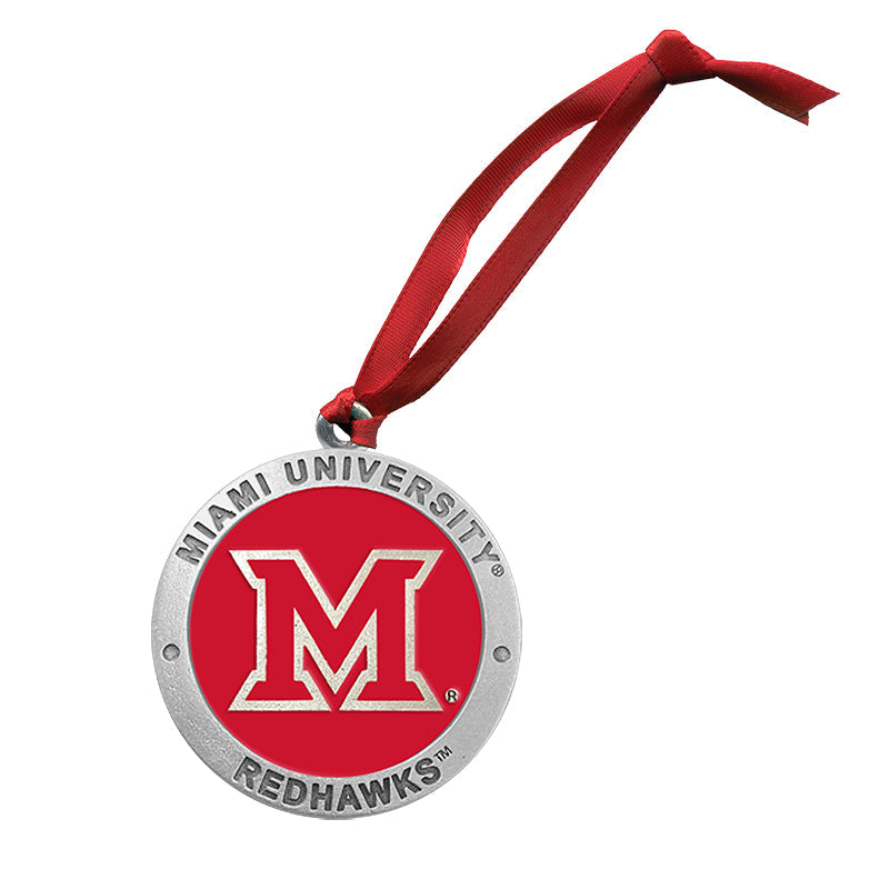 Miami University Redhawks ornament with red ribbon on a white background