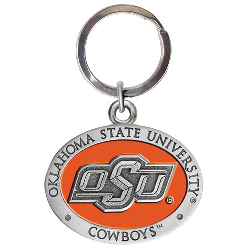 Oklahoma State University keychain with orange and silver design on a white background