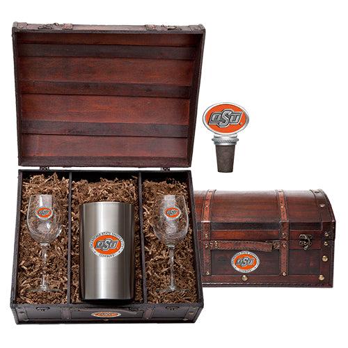 Oklahoma State University - Gourmet gift set with wine glasses, tumbler, and bottle stopper in a wooden chest.
