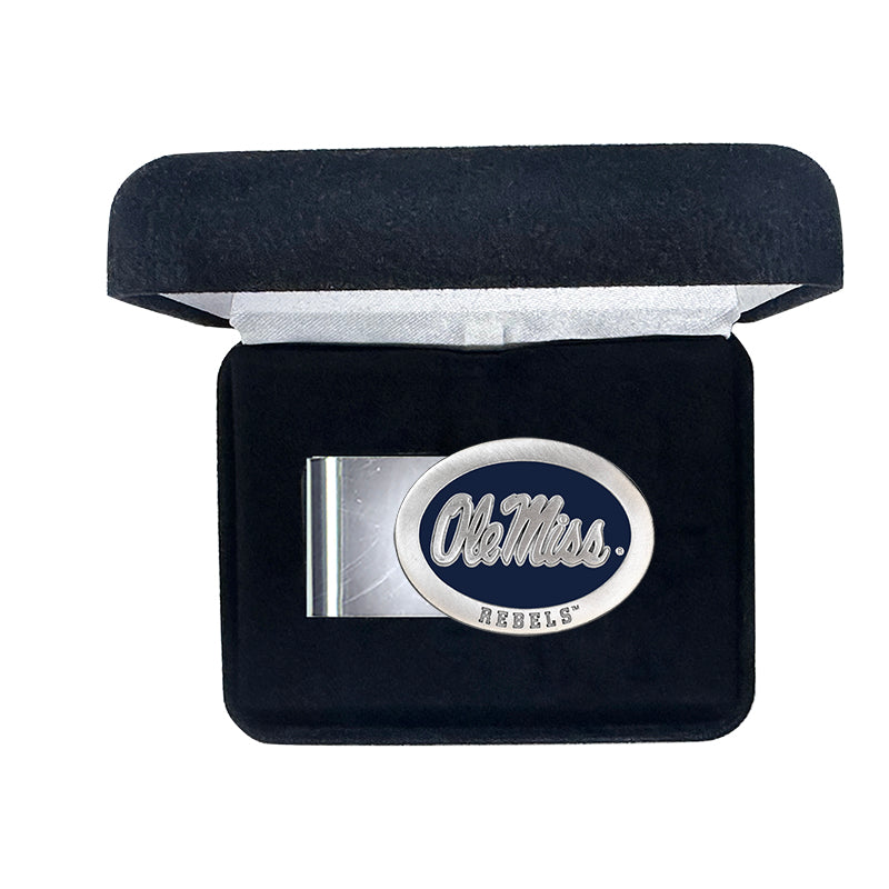 Silver 'Ole Miss Rebels' money clip in a black box on a white background