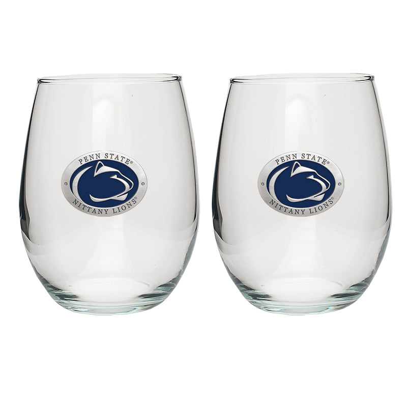 Penn State Two clear stemless wine glasses with Penn State Nittany Lions logo on a white background