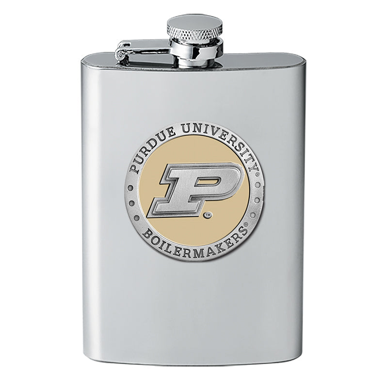 Stainless steel flask with Purdue University Boilermakers logo on a white background