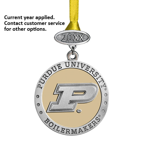 Purdue University Boilermakers ornament with yellow ribbon on a white background