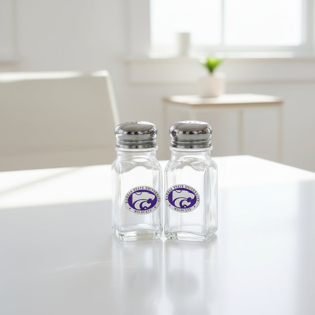 Two glass salt and pepper shakers with Kansas State University logo on a white background