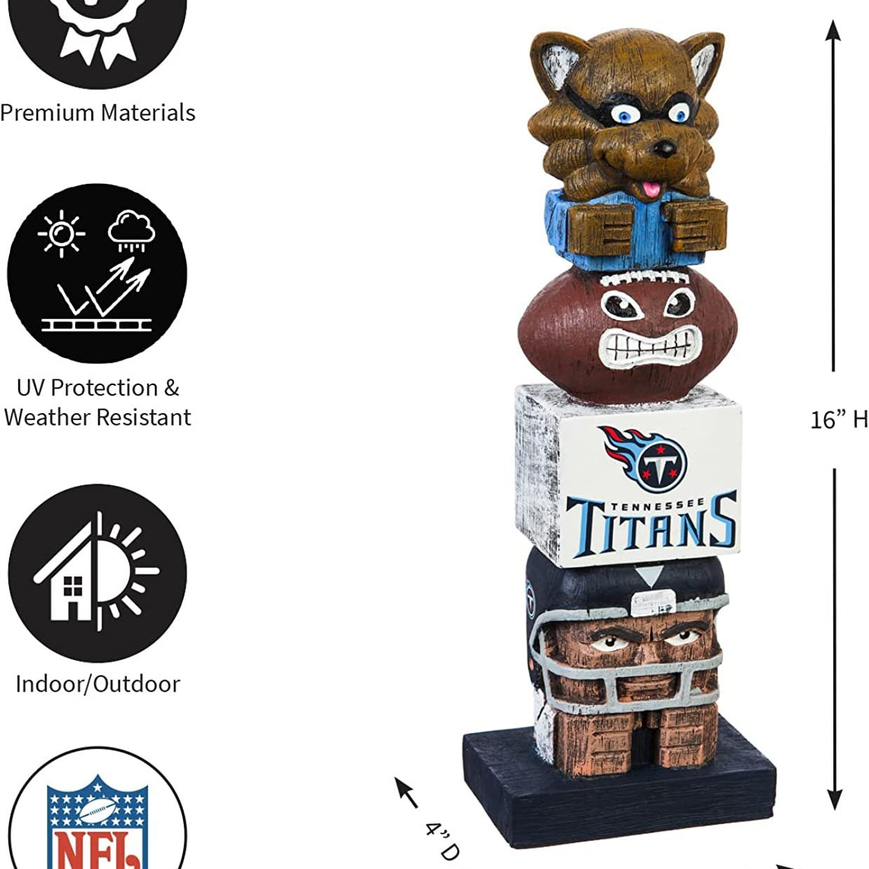 Tennessee Titans-themed totem pole with NFL logo, dimensions, and material properties on a white background