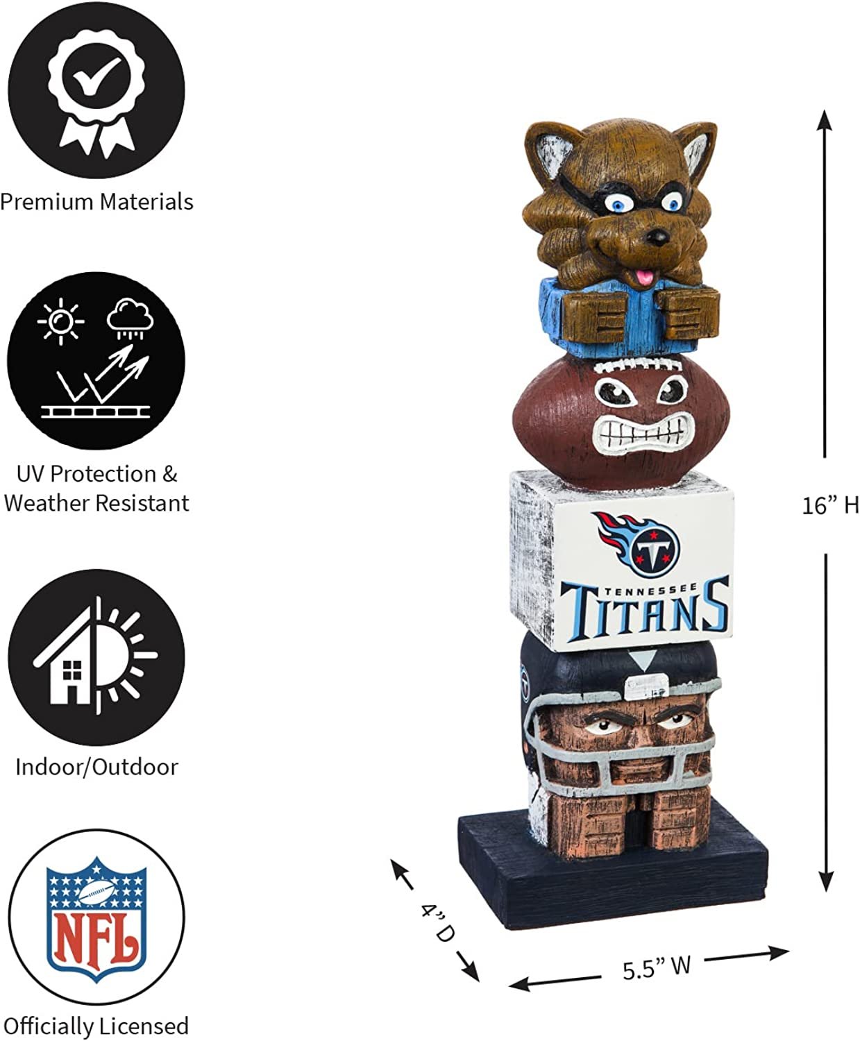 Tennessee Titans-themed totem pole with NFL logo, dimensions, and material properties on a white background