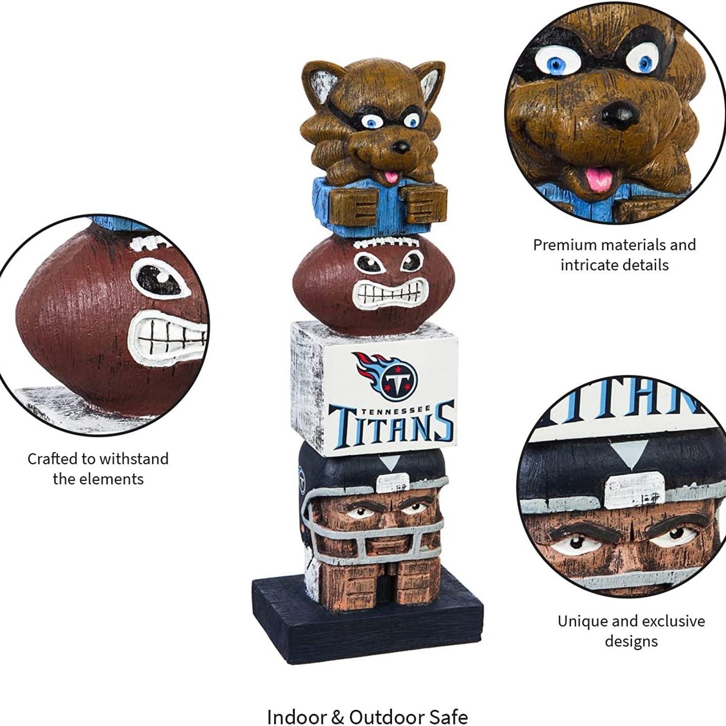 Tennessee Titans-themed totem pole with close-up details on a white background