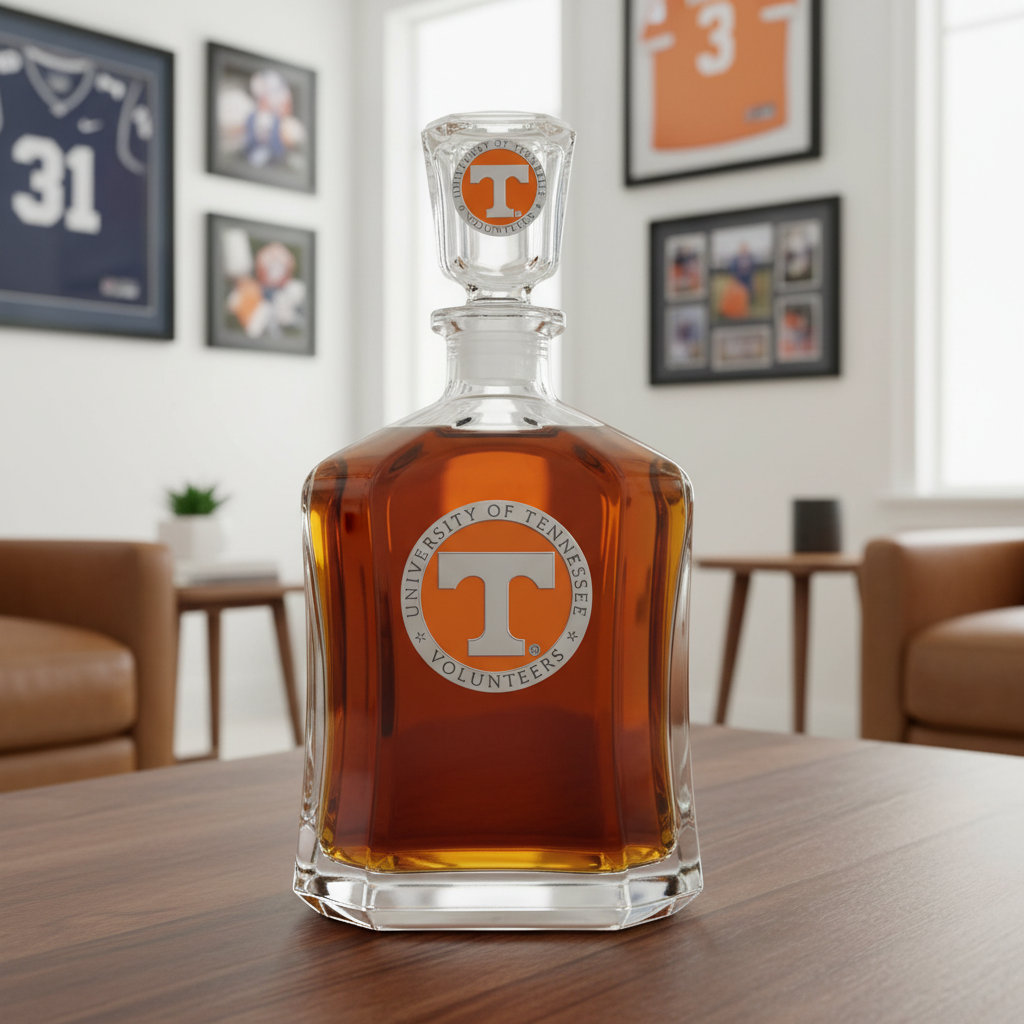 Glass decanter with Tennessee Volunteers logo on a white background
