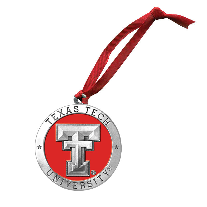 Texas Tech University ornament with red ribbon on a white background