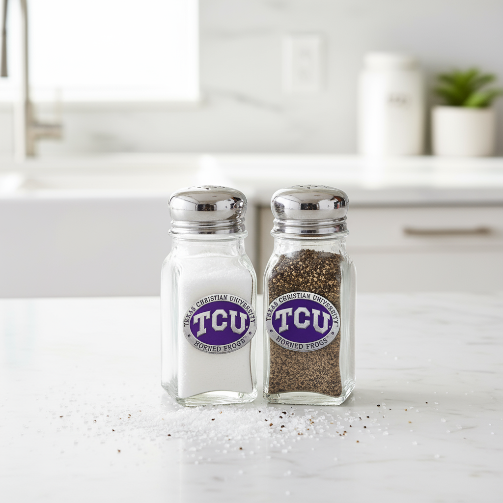 Two glass salt and pepper shakers with TCU logo on a white background