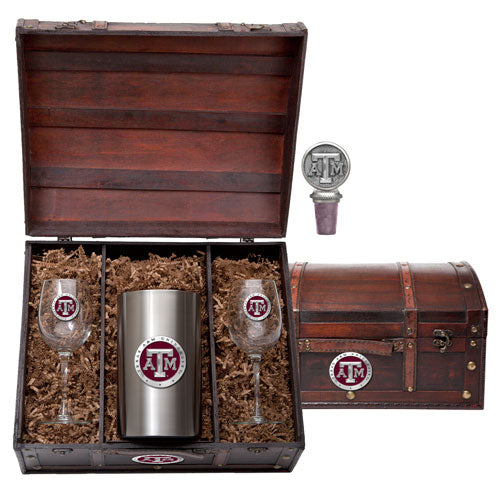 Gift set with wine glasses, tumbler, and bottle stopper in a wooden chest.