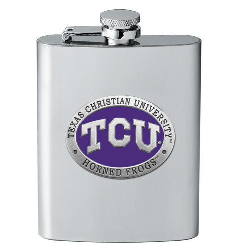 Stainless steel flask with TCU logo on a white background