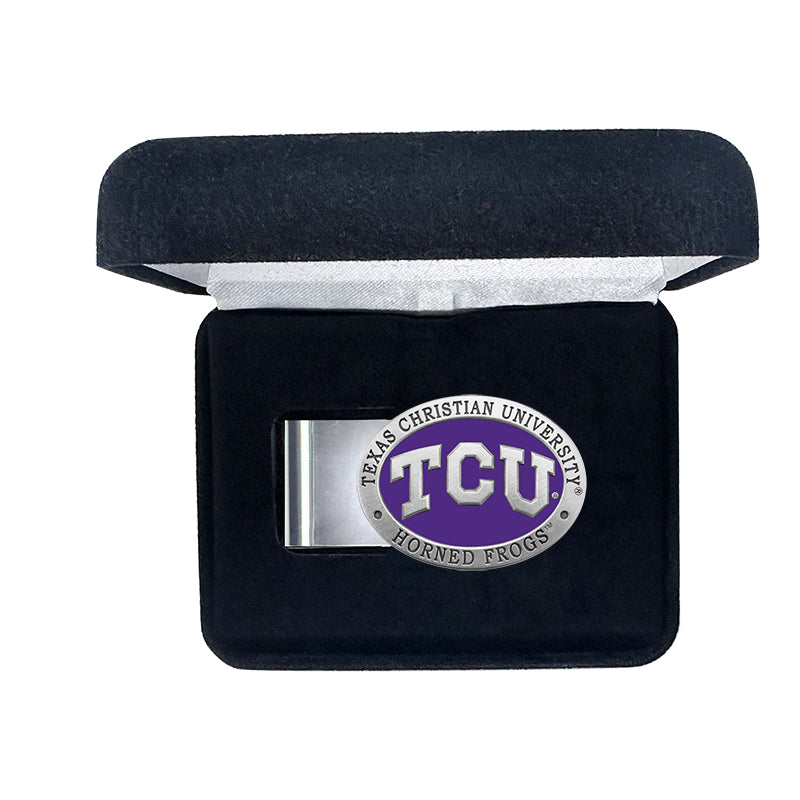 Texas Christian University Money clip with TCU logo in a black box on a white background