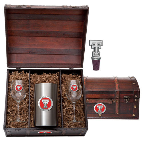 Wine glass set with a tumbler and bottle stopper in a wooden chest with a visible brand logo.