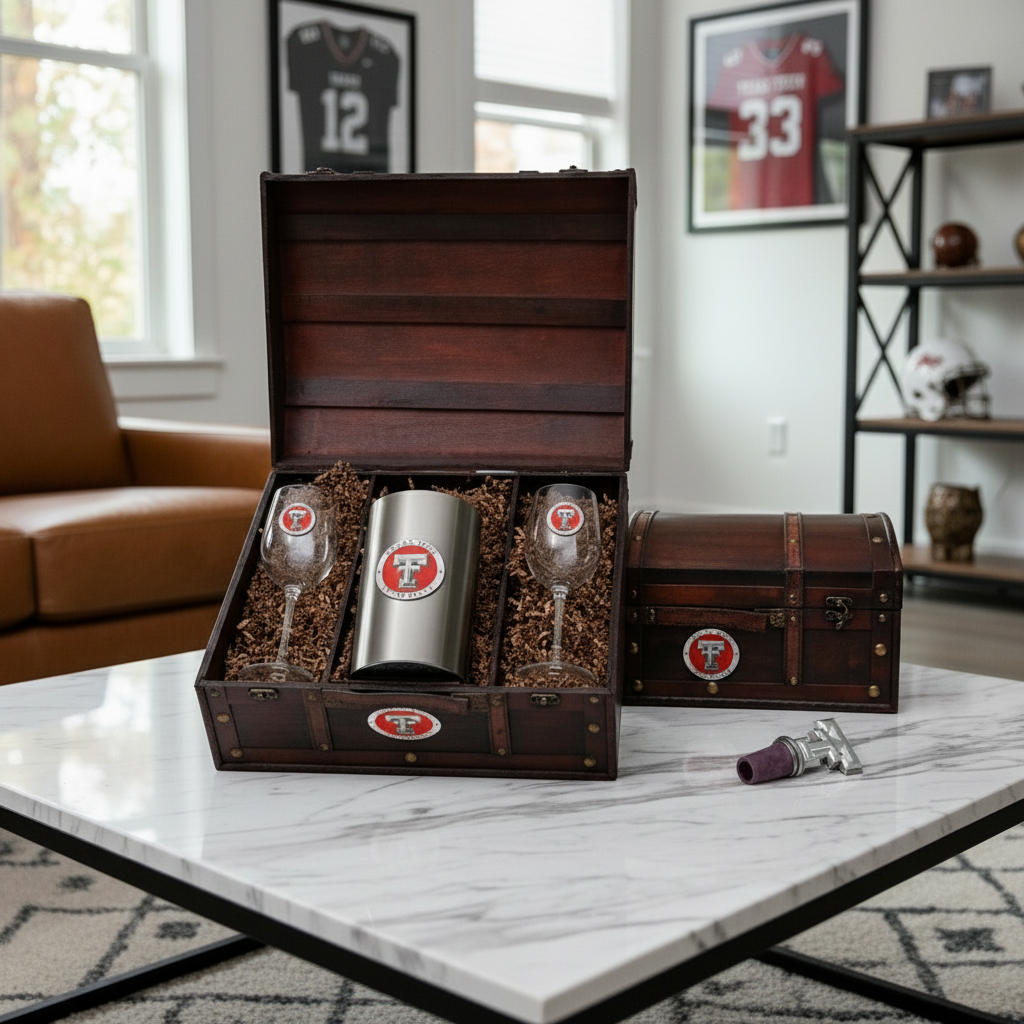 Gift set with tumblers and glasses in a wooden box on a marble table.
