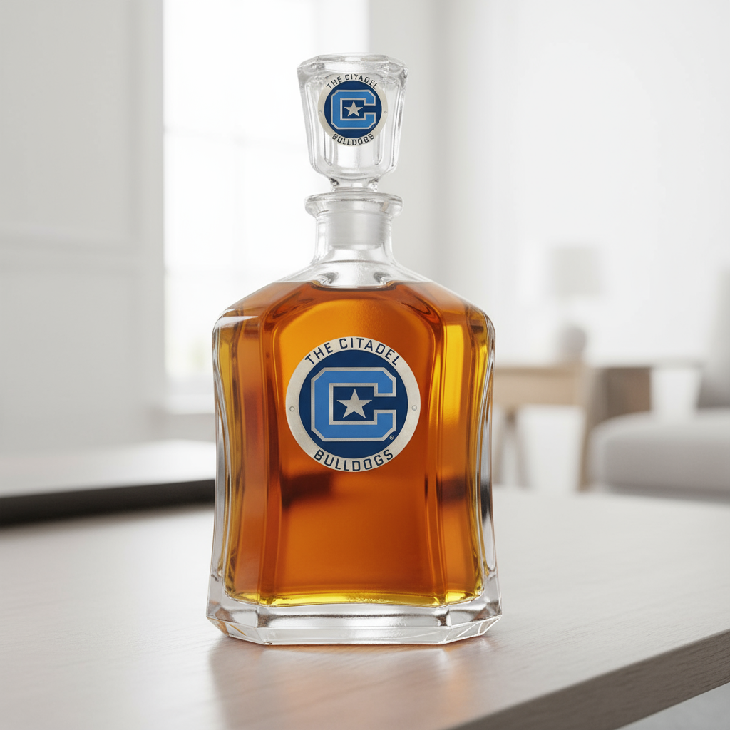 Glass decanter with 'The Citadel Bulldogs' logo on a white background