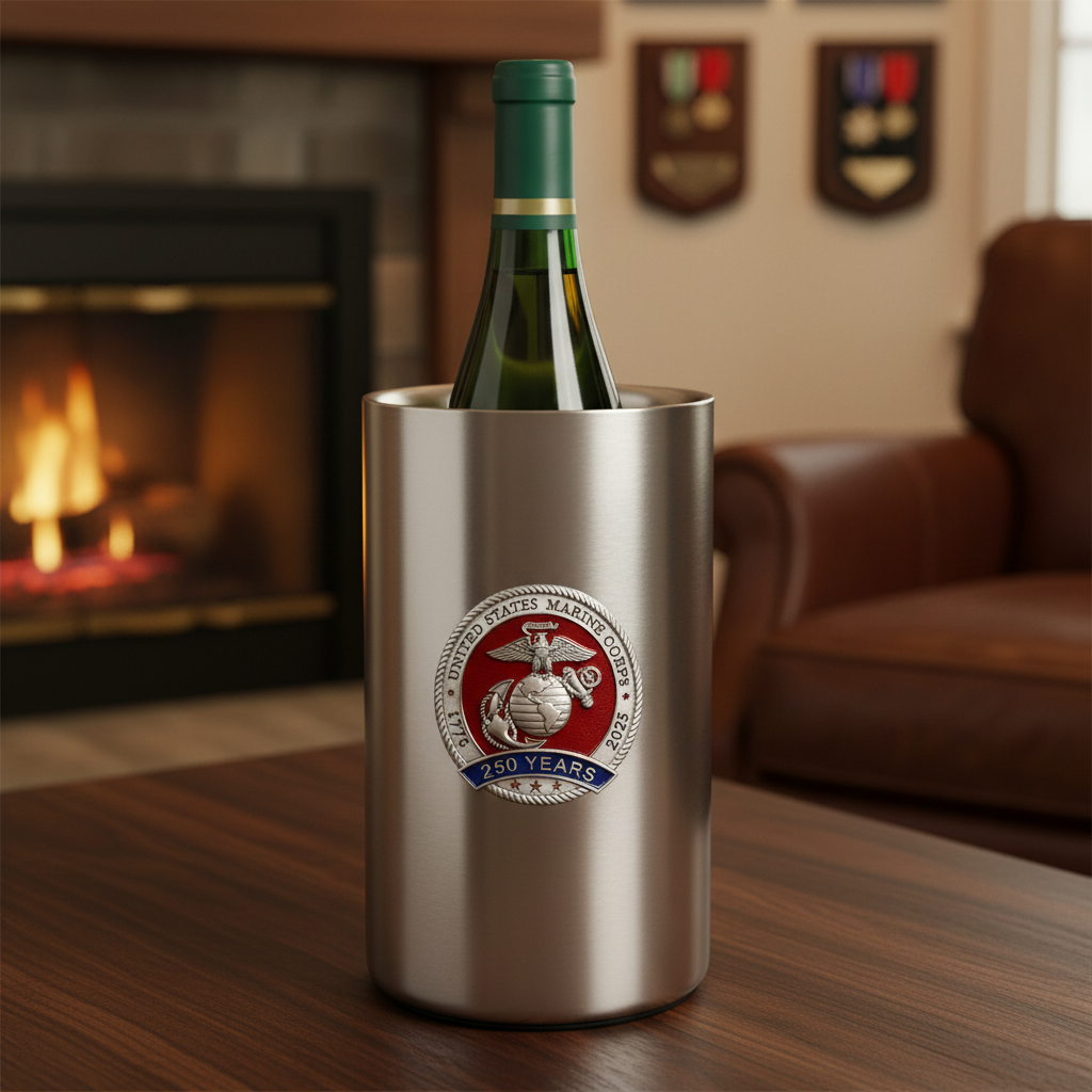 Silver wine cooler with Marine Corps emblem holding a bottle of wine on a table in a cozy room.