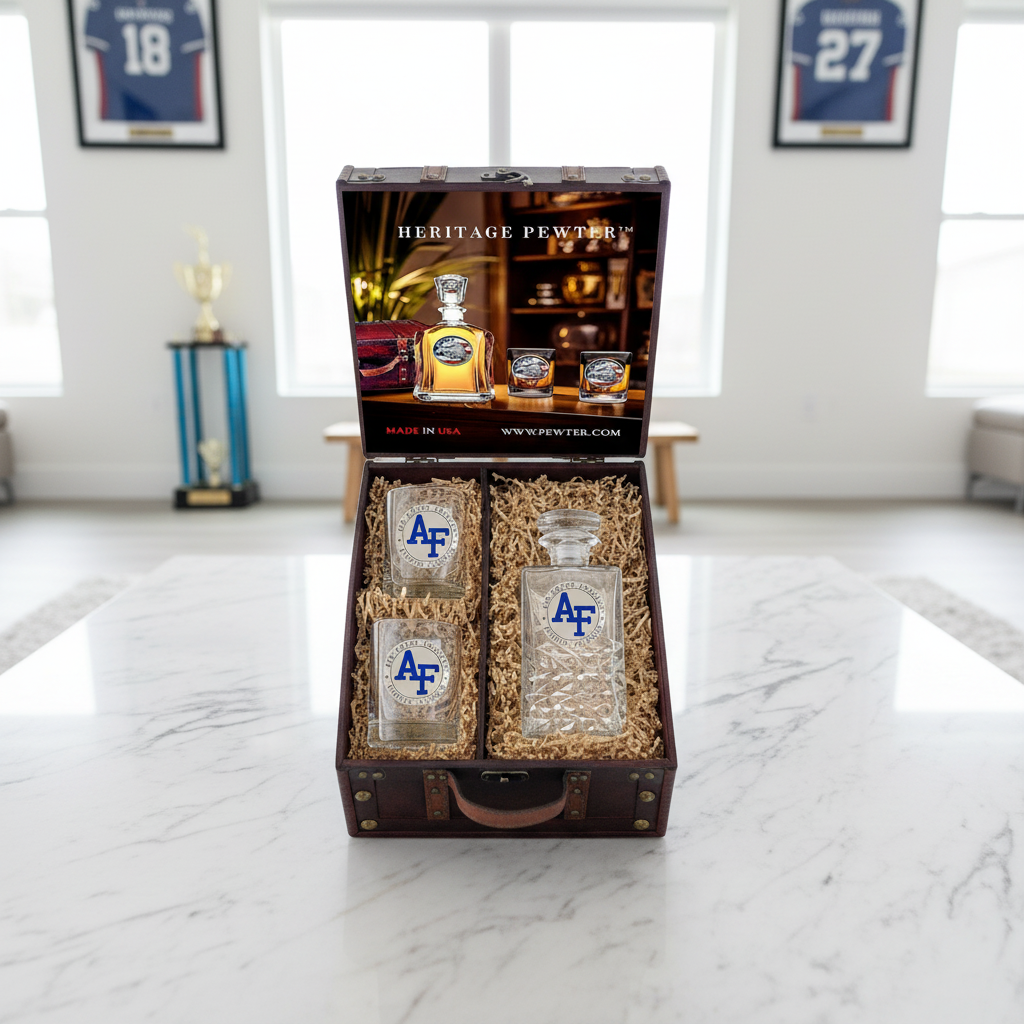 US Air Force Academy Decanter Set w/ 2 Glasses & Large Chest Box – Made in USA