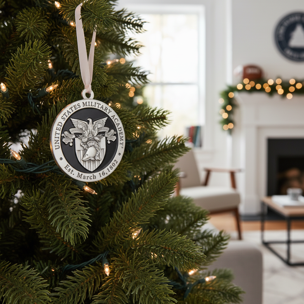 Decorative ornament with United States Military Academy emblem on a white background
