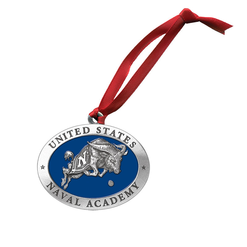 United States Naval Academy ornament with red ribbon on a white background