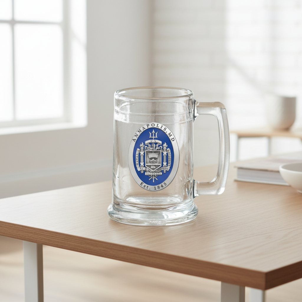 Clear glass mug with a blue and silver emblem on a white background