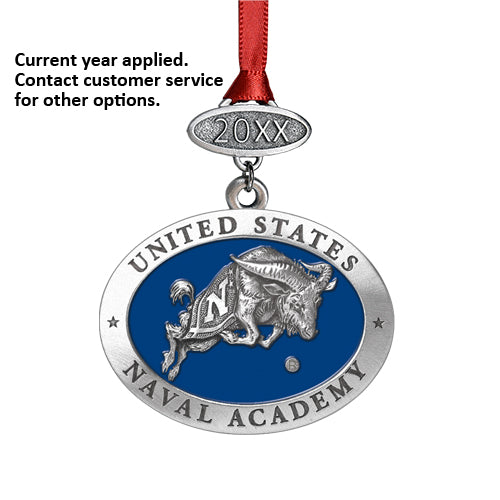 United States Naval Academy emblem on a blue background with a red ribbon.
