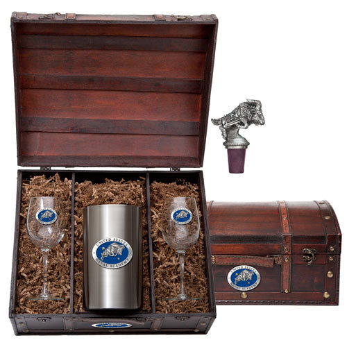 Wine set with wooden case, silver tumbler, wine glasses, and bottle stopper on a white background.
