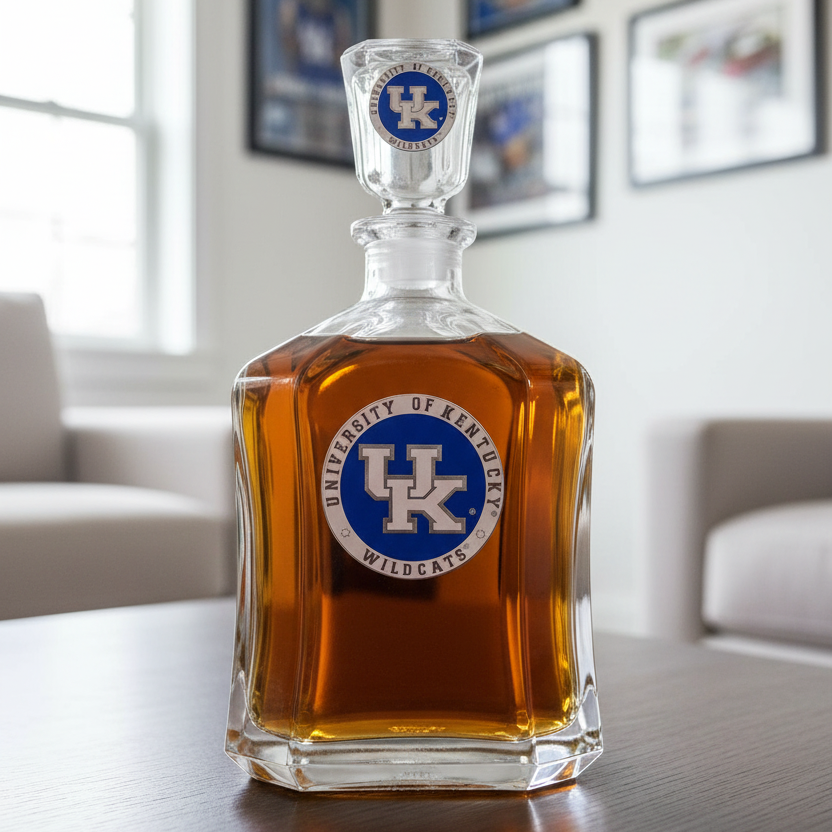 Glass decanter with University of Kentucky logo on a white background