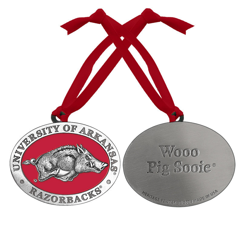 Medal with University of Arkansas Razorbacks logo and 'Woo Pig Sooie' text on a red ribbon.