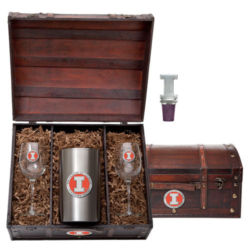 Gift set with two wine glasses and a tumbler in a wooden box, with a separate wooden chest in the background.
