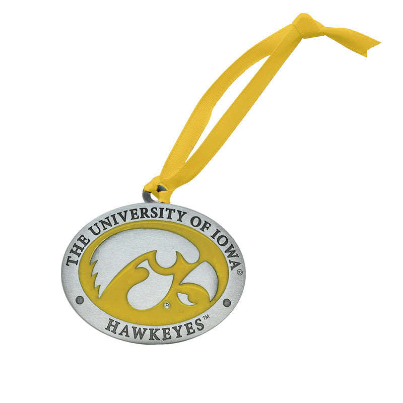 Decorative ornament with 'The University of Iowa Hawkeyes' logo on a white background