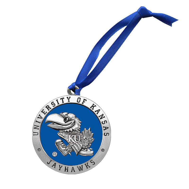University of Kansas Jayhawks ornament with blue ribbon on a white background
